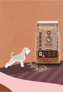 Illustration of a grey dog in countryside scene looking at Country Pursuit Muesli dog food pack shots