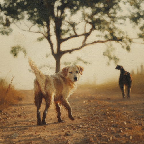 A golden retriever looks back while walking on a sunlit dirt path with another dog in the background, surrounded by autumn trees and warm golden light
