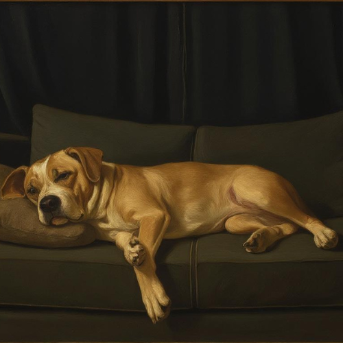 A tan and white dog is peacefully sleeping on a dark grey sofa with its head resting on a cushion, stretched out in a relaxed position.