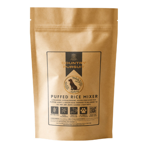 Brown dog food package with label on a white background