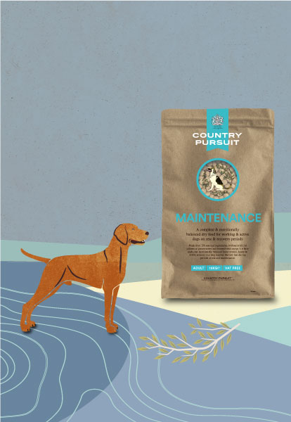 Illustration of dog on a beach looking at Country Pursuit Originals dog food range shot