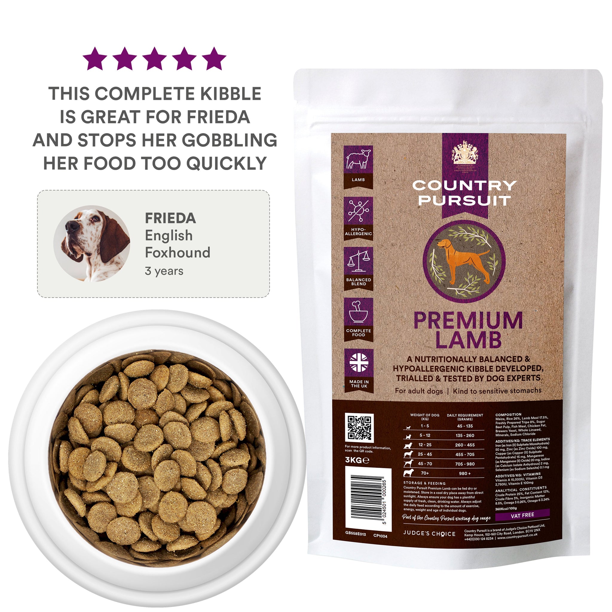 Testimonial - This complete kibble is great for Frieda and stops her gobbling her food too quickly