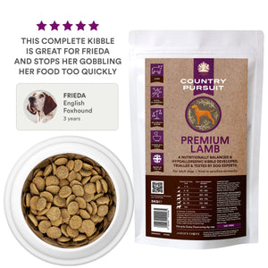 Testimonial - This complete kibble is great for Frieda and stops her gobbling her food too quickly