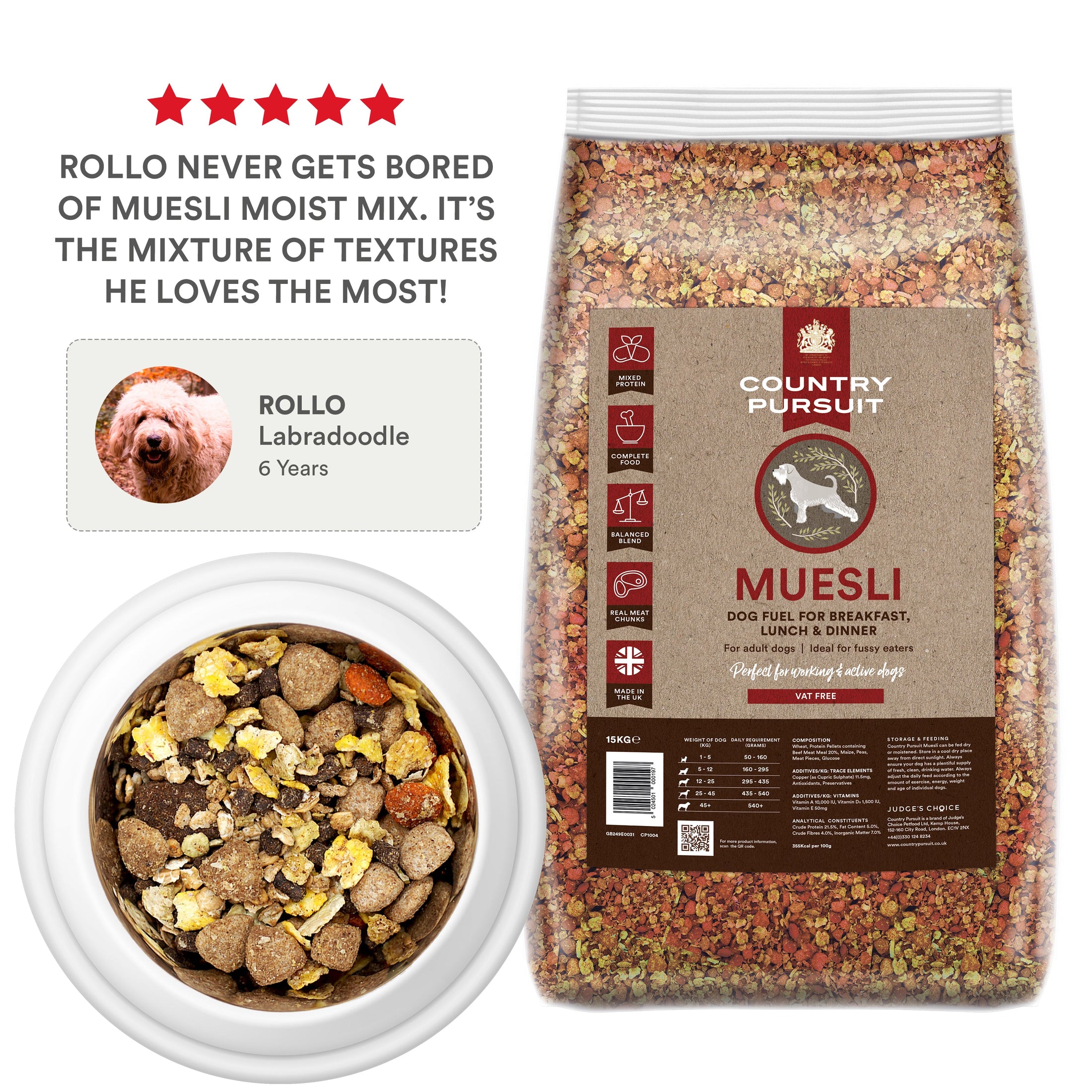 Country Pursuit Muesli testimonial: Rollo never gets bored of muesli moist mix. It's the mixture of textures he loves the most!