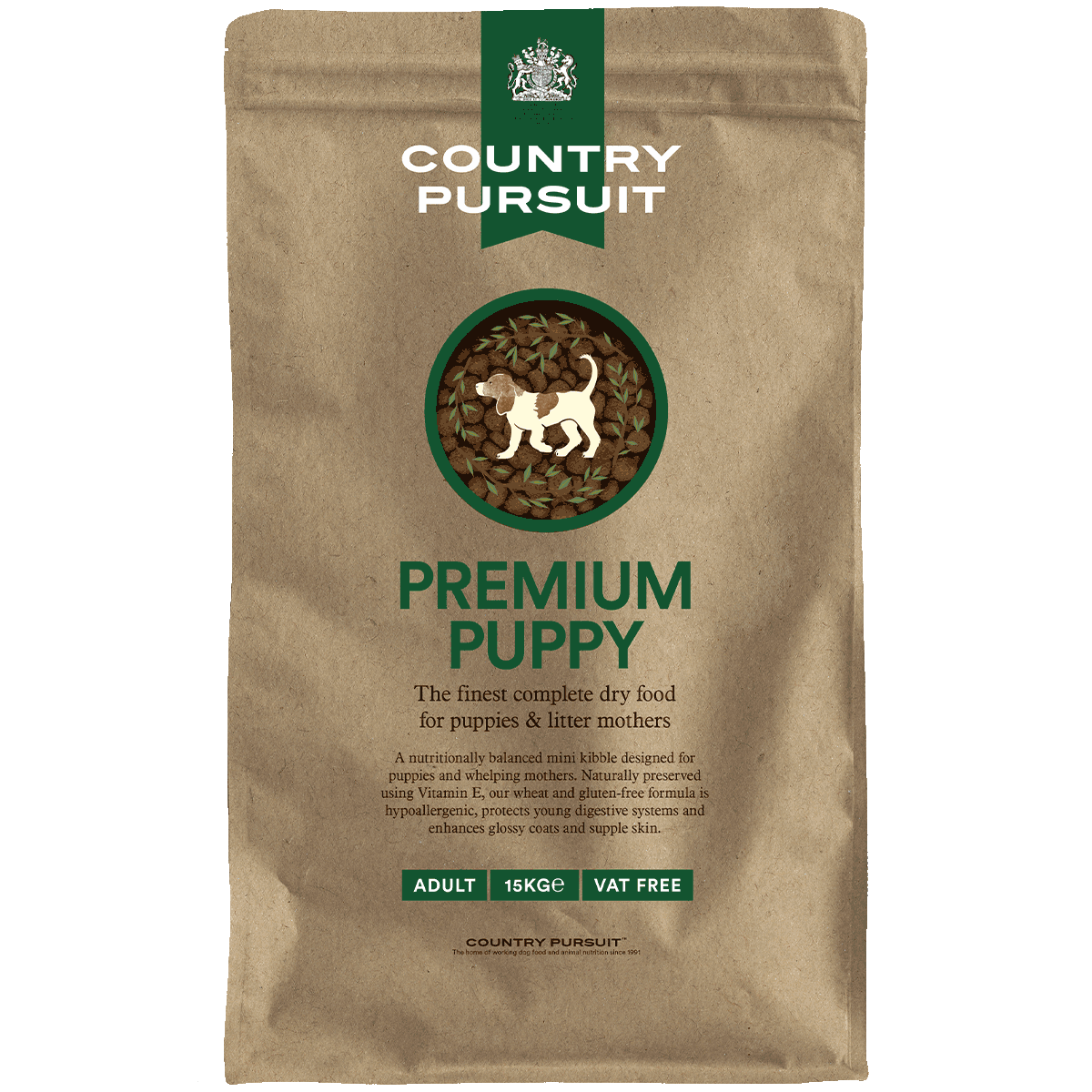  Country Pursuit Premium Puppy Food - A specially crafted nutritionally balanced kibble for young growing dogs of all breeds. Recommended for puppies aged 2-12 months. Contains high protein levels from lamb, chicken, tripe, and fish sources, enriched with Omega 3 oils, vitamins, and minerals for optimal development. Free from wheat gluten, soya, and artificial preservatives. Naturally preserved with vitamin E for enhanced skin and coat health