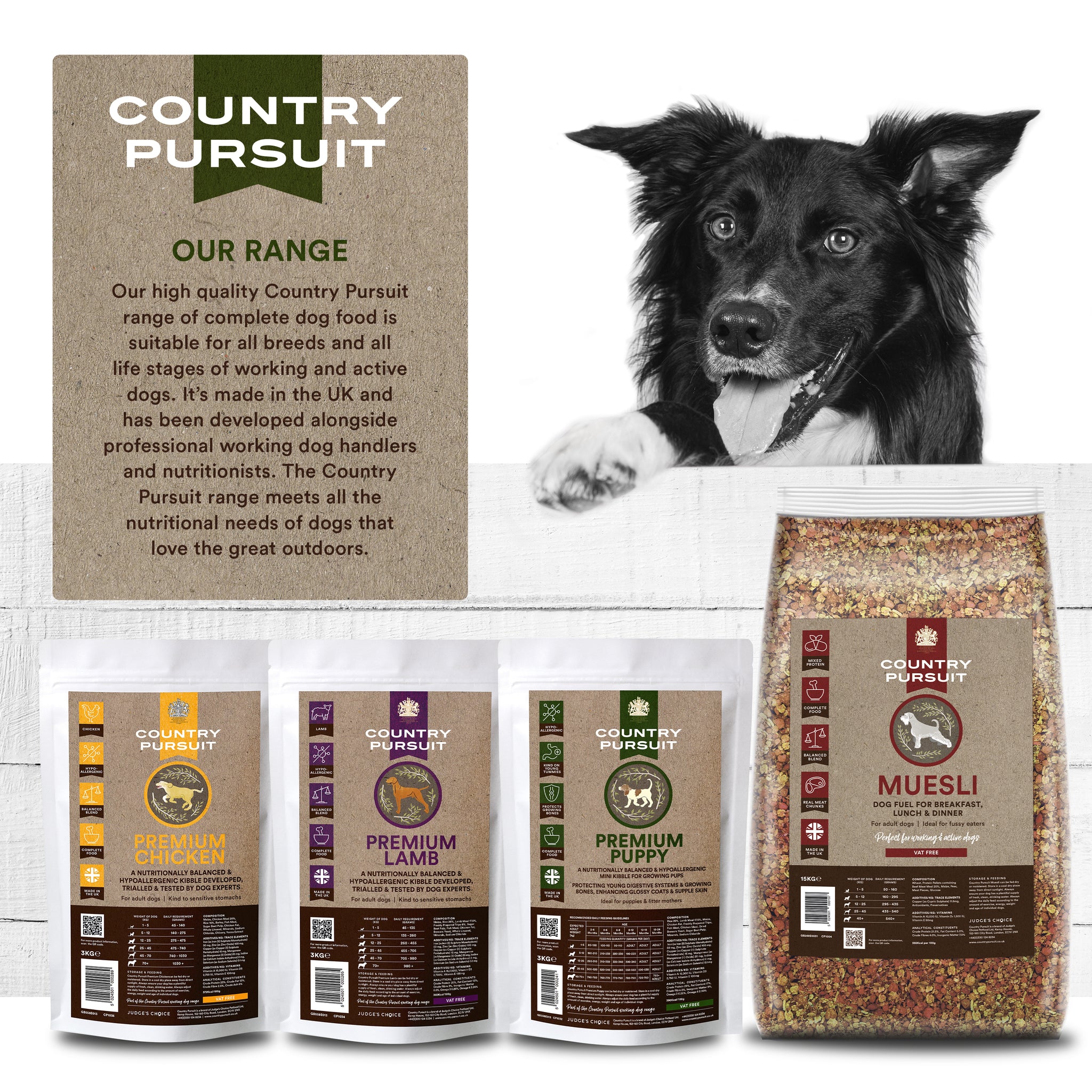 Country Pursuit Premium range: Chicken, lamb, puppy & muesli