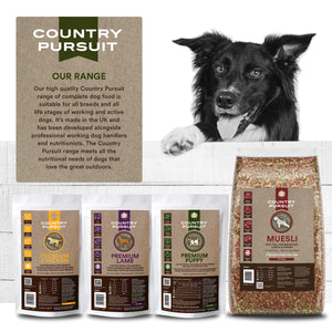 Country Pursuit Premium range: Chicken, lamb, puppy & muesli