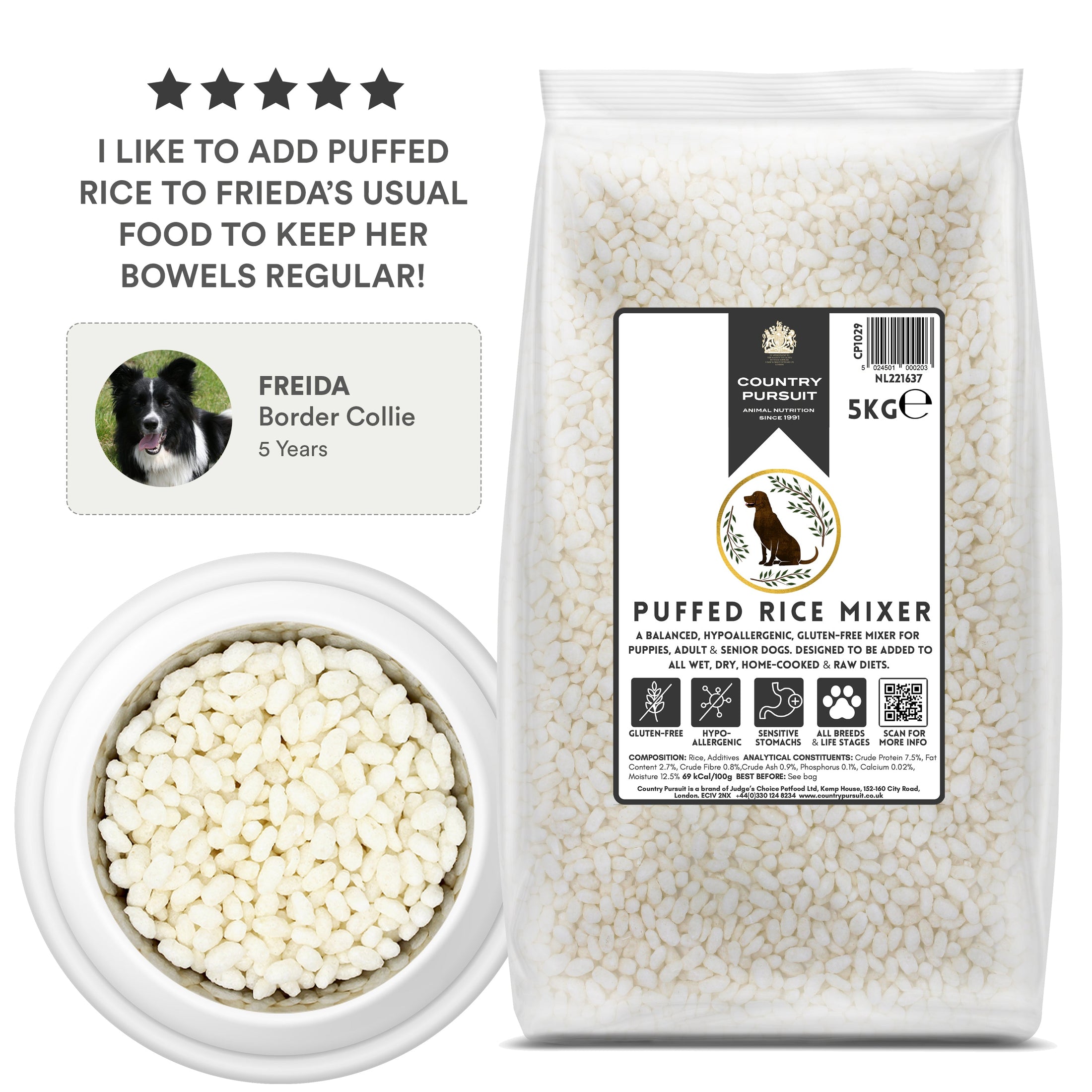 Country Pursuit Puffed Rice testimonial I like to add puffed rice to Frieda's usual food to keep her bowels regular
