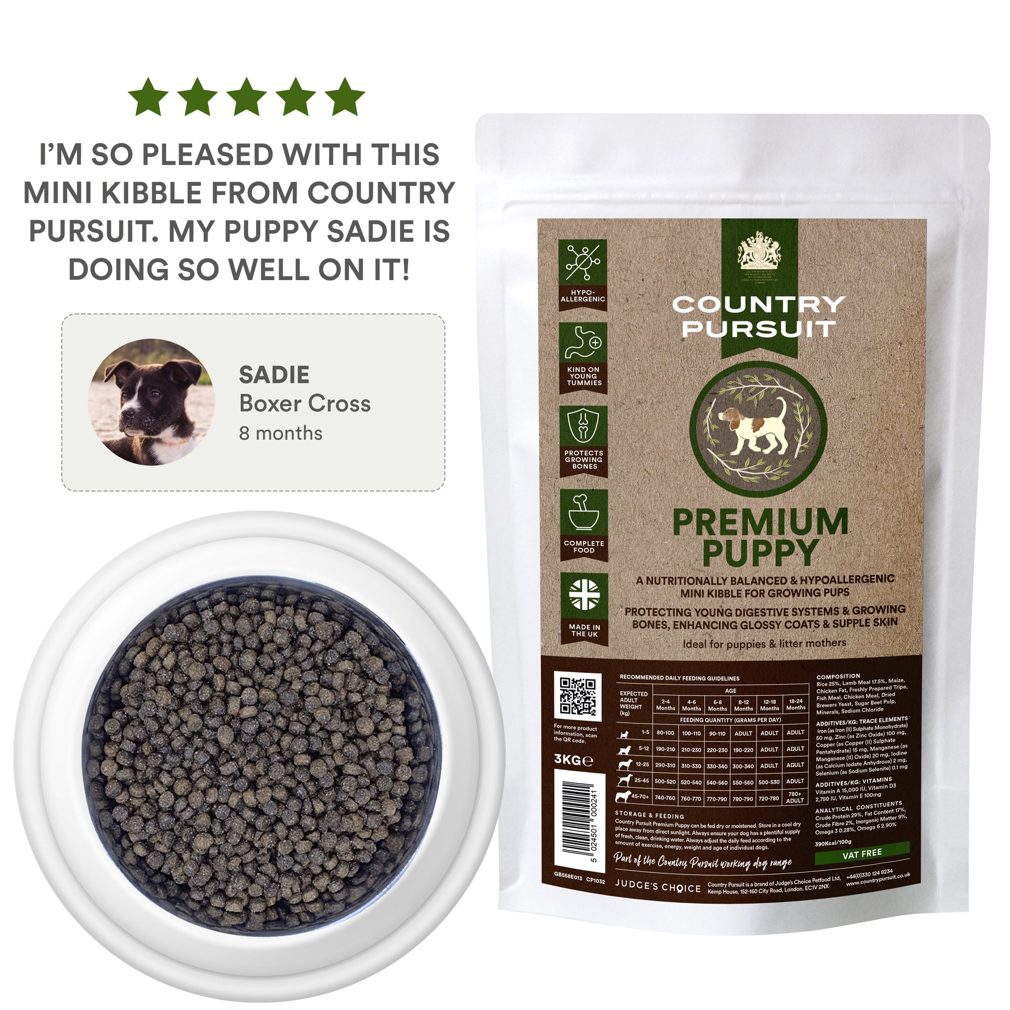 Country-Pursuit-Puppy-15kg-Testimonial: I'm so please with this mini kibble from Country Pursuit. My puppy Sadie is doing so well on it!