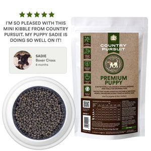 Country-Pursuit-Puppy-15kg-Testimonial: I'm so please with this mini kibble from Country Pursuit. My puppy Sadie is doing so well on it!