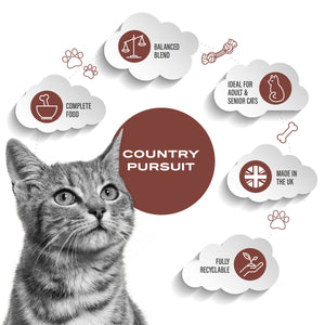 Country Pursuit Country Cat selling points: Complete food, balanced blend, ideal for adult and senior cats, made in the UK, fully recyclable