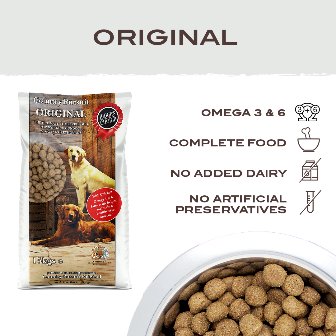 Country Pursuit Original key facts: omega 3 & 6, complete food, no added dairy. no artificial preservatives