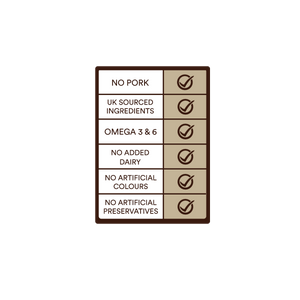 Country Pursuit Original points: No pork, UK sourced ingredients, omega 3 & 6, no added dairy, no artificial colours, no artificial preservatives