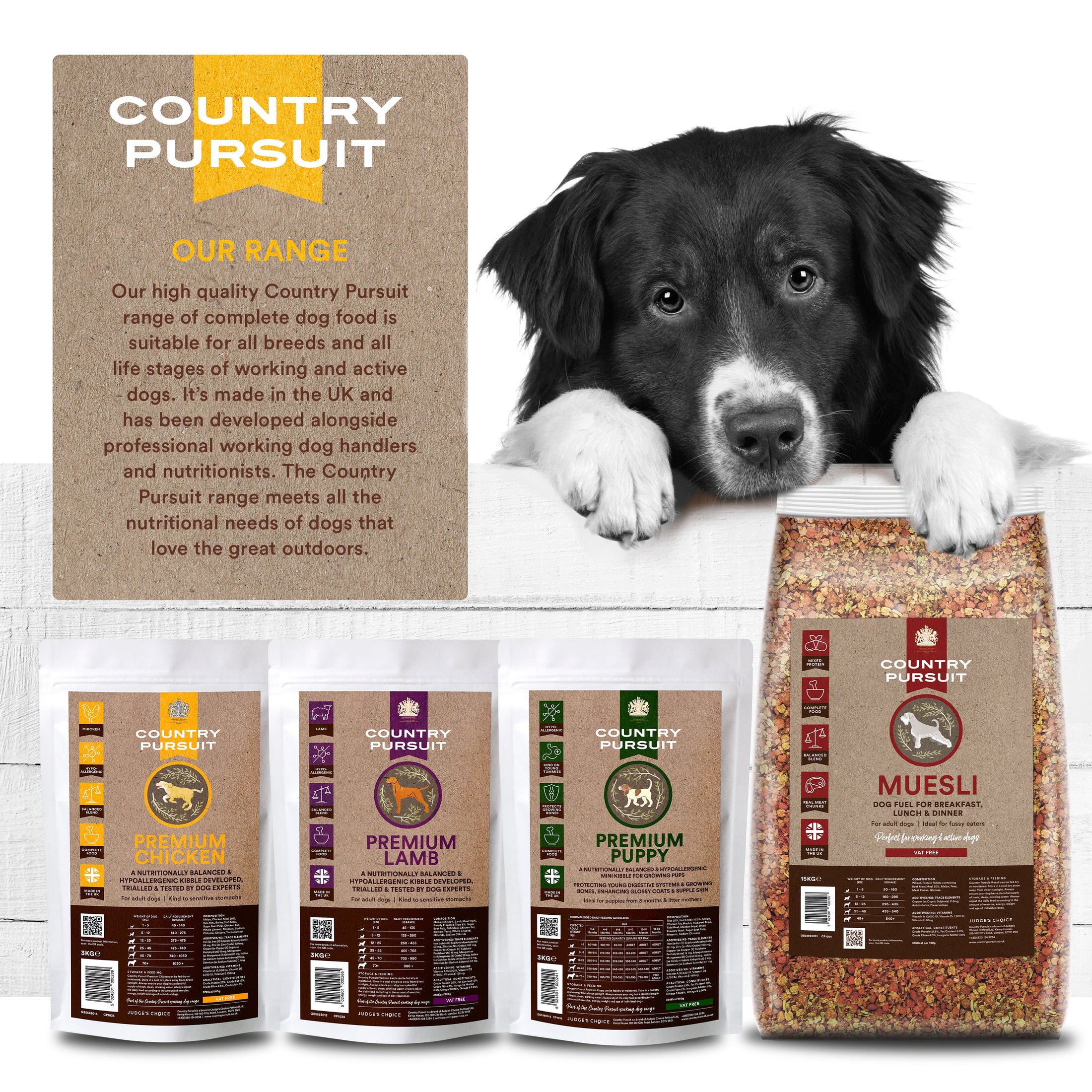 Country Pursuit Premium Range, chicken, lamb, puppy and muesli