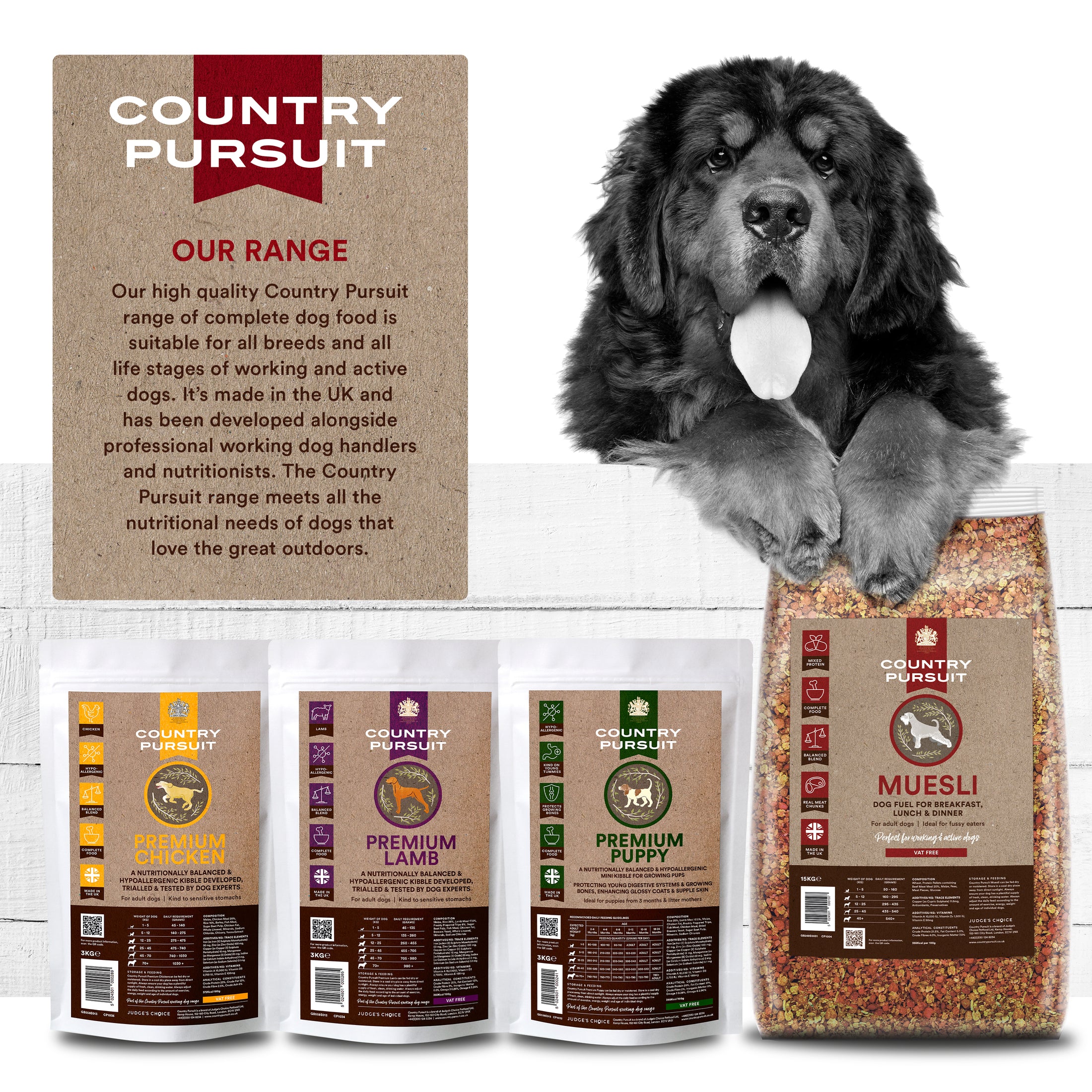 Country Pursuit premium range, chicken, lamb, puppy & muesli