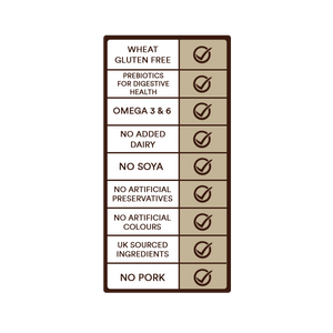 Wheat gluten fee, prebiotics for digestive health, omega 3 & ^, no added airy, no soya, no artificial preservatives, no artificial colours, UK sourced ingredients, no pork