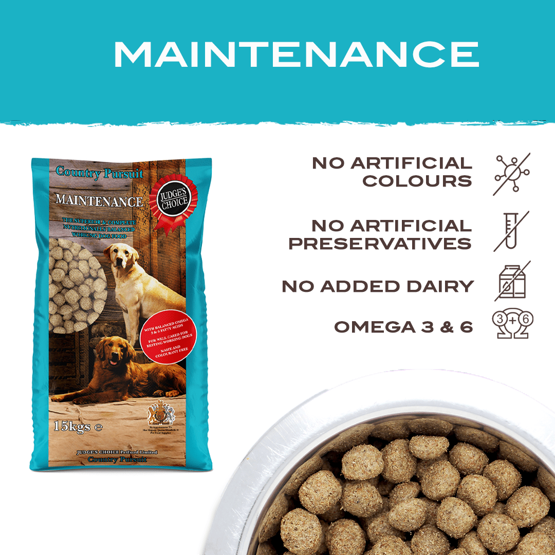 Country Pursuit Maintenance: No artificial colours, nor artificial preservatives, No added dairy, Omega 3 & 6